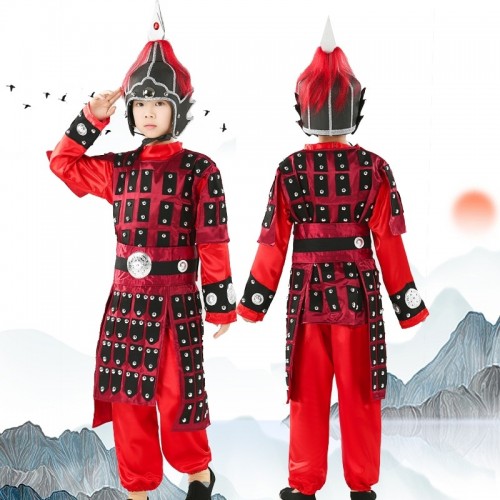 Boys kids Chinese Ancient general armor costume Hanfu performance red armor Yue Fei hua Mulan soldier cosplay clothing